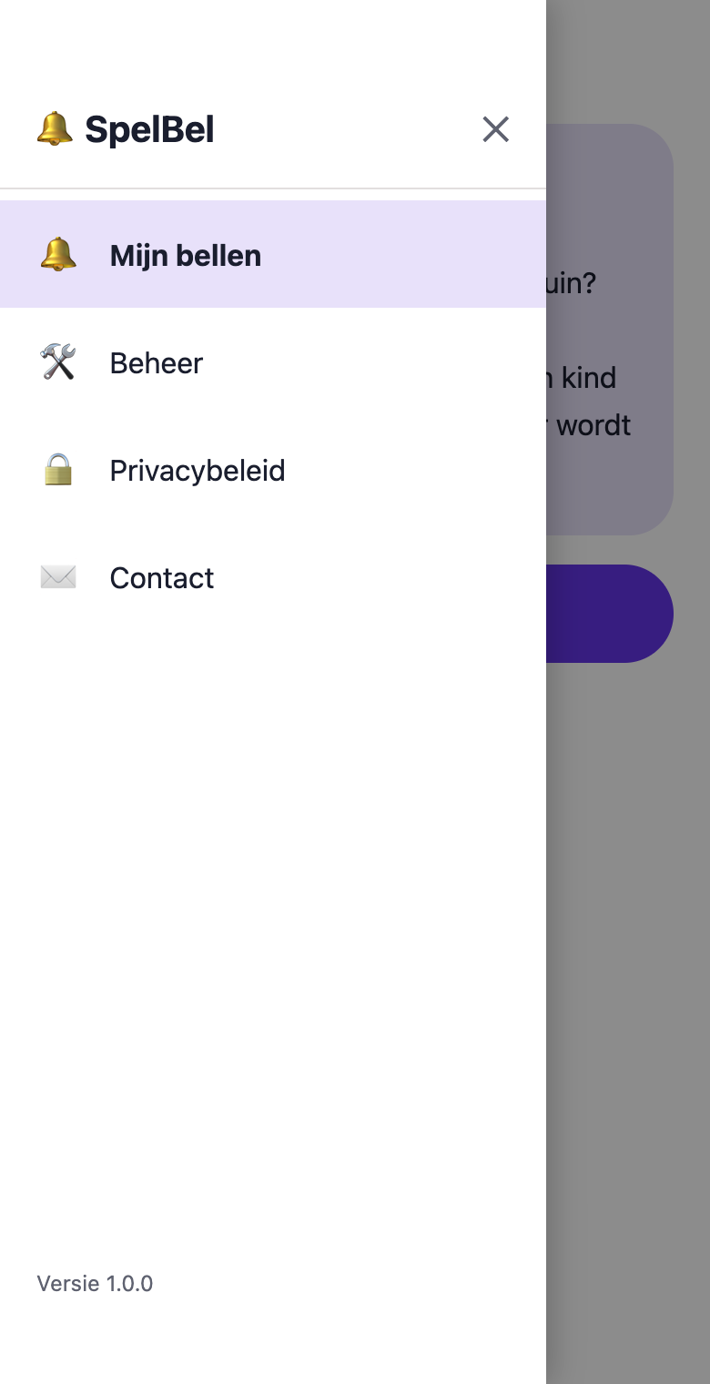 Het menu van de app met Beheer