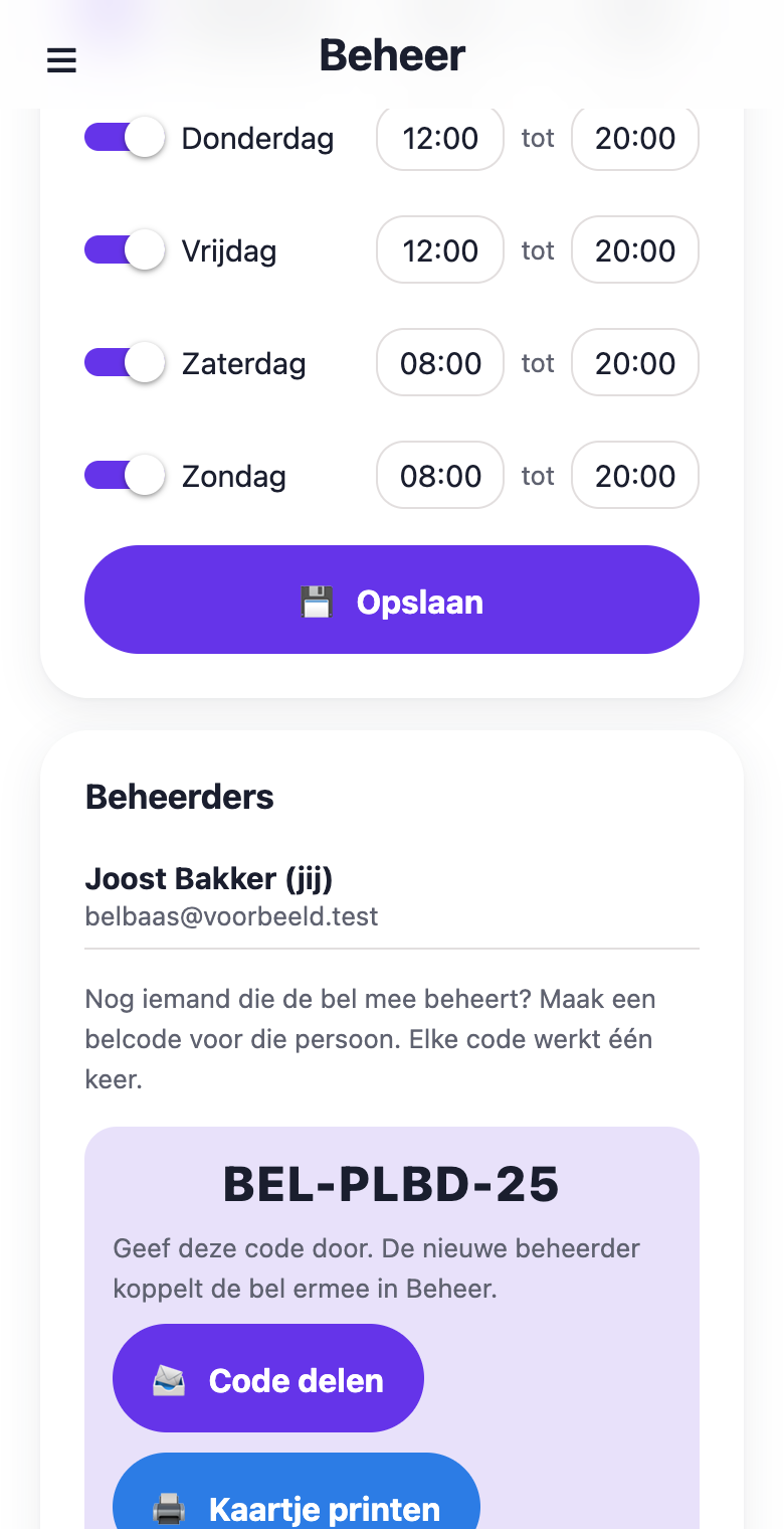 Beheerders, met een nieuwe belcode om te delen