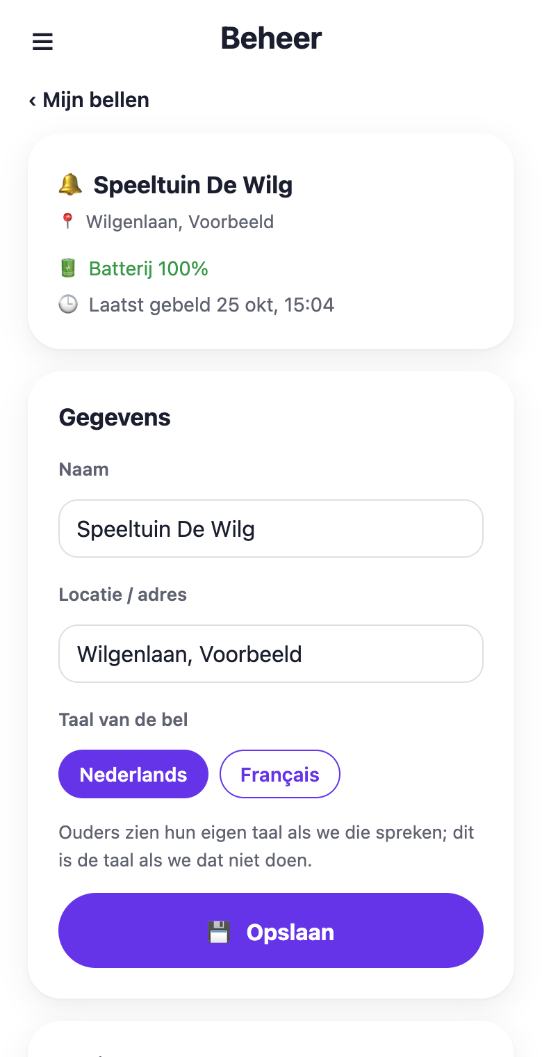 Naam, plek en taal van de bel